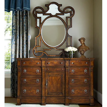 Door Dresser with 10 Drawers and Mirror with Geometric Frame Design